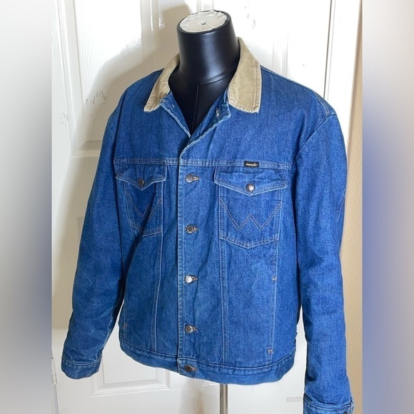 Vtg Wrangler Western Denim Jacket Sz 46L Blanket Lined Corduroy Collar 74260PW   - Picture 2 of 11